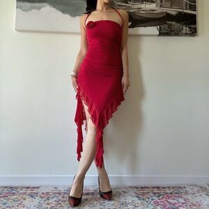 y2k 2000s mesh red floral trim tube top ruched sexy night out dress whimsigoth
